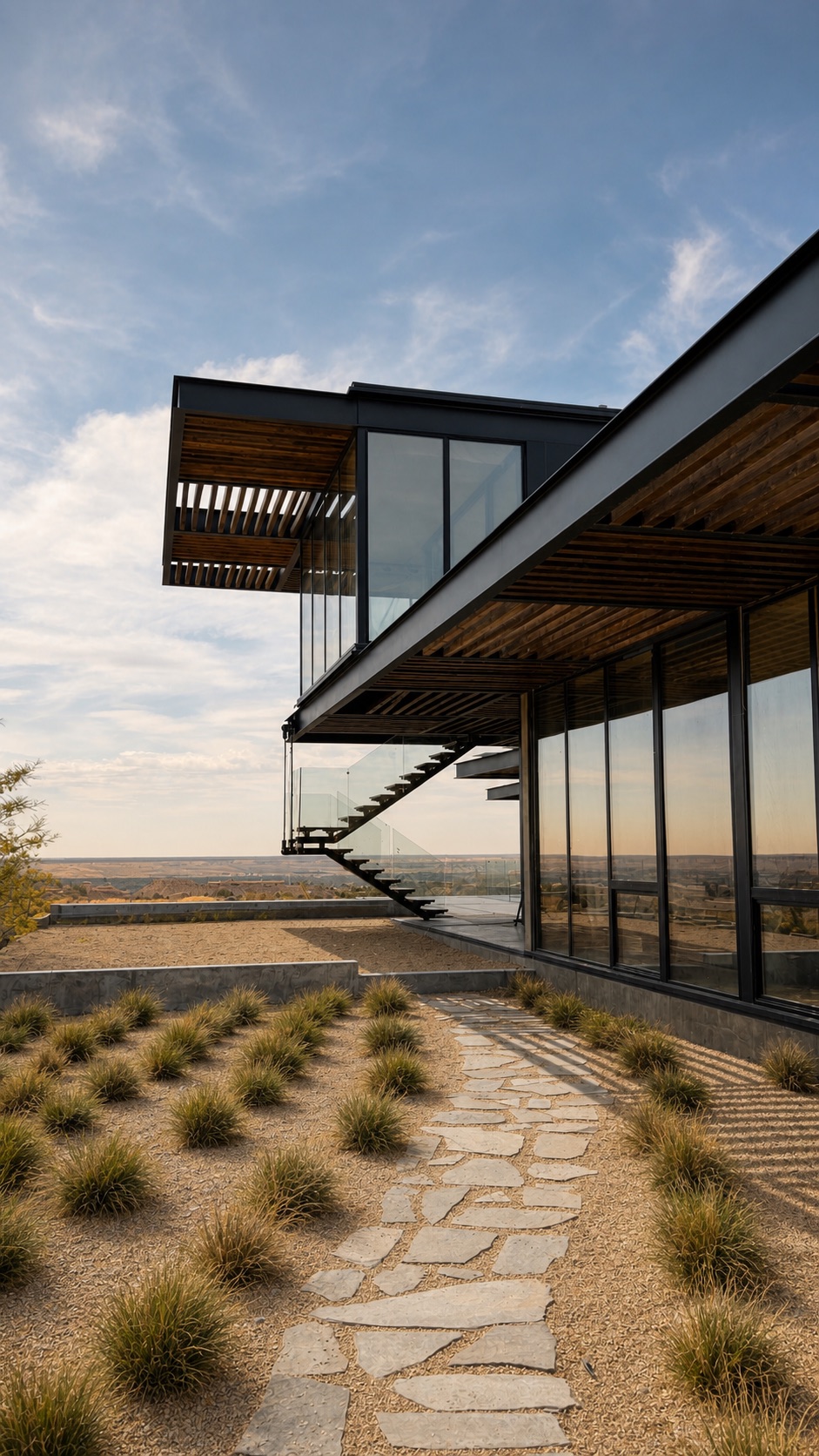 Fachada contemporánea con ventanería de gran formato